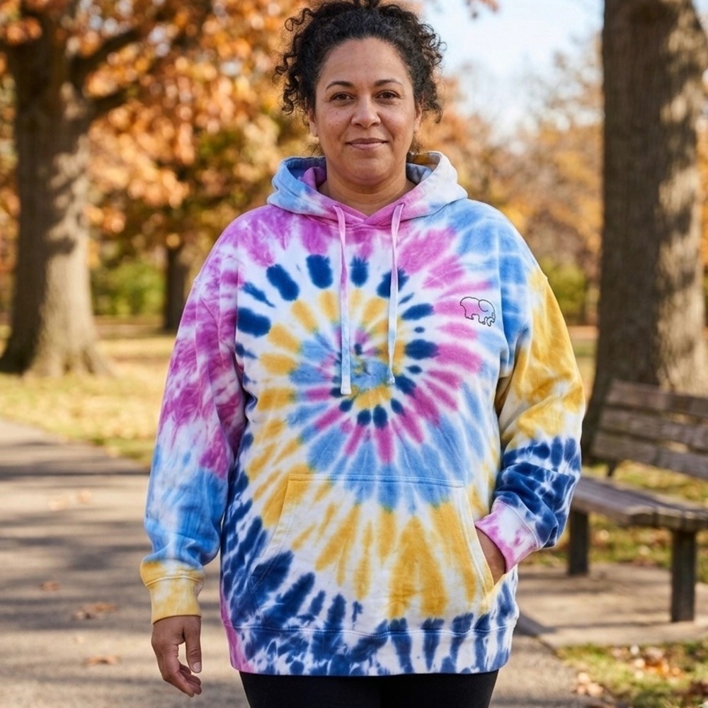 Ivory Ella Womens XL Tie Dye Pullover Hoodie Blue Pink Yellow Cotton Elephant